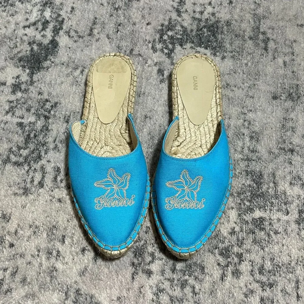 GANNI Women's Embroidered‎ Canvas Espadrille Slip On Turquoise Aqua Size 38